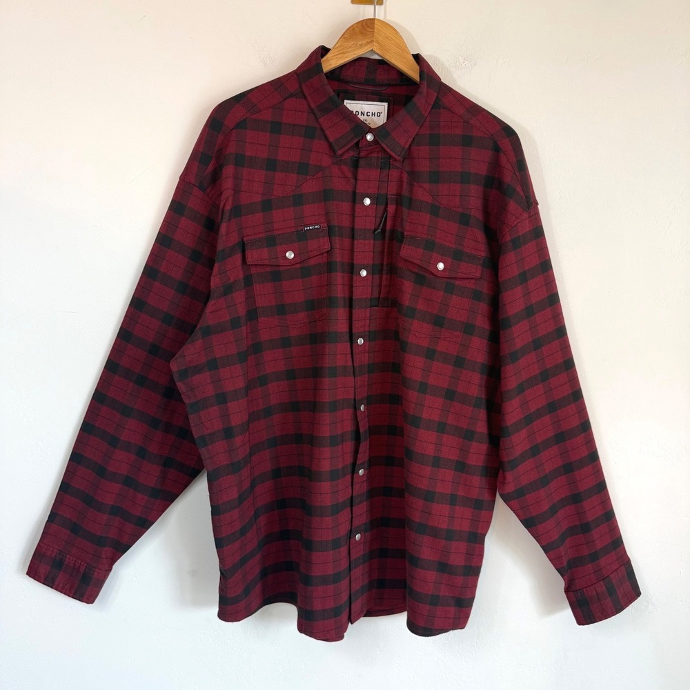 Poncho Outdoors Flannel Shirt XXL Red Black Plaid Performance Western Gorpcore